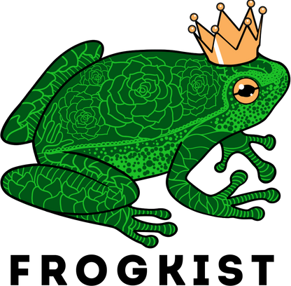 Green frog with a crown with 'FROGKIST' 
