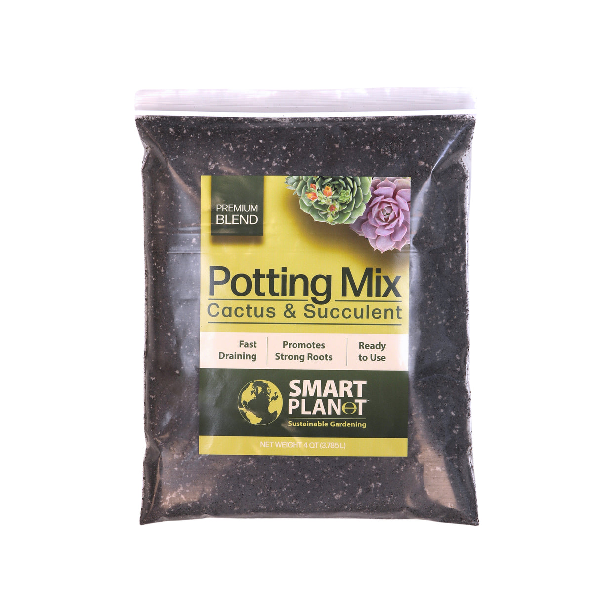 Smart Planet Premium Blend Cactus & Succulent Potting Mix in a clear resealable bag